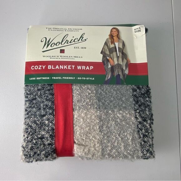 NWT Woolrich Cozy Blanket Wrap Shawl OS‎ Black White Gray Plaid Fringe Pancho - Picture 3 of 6